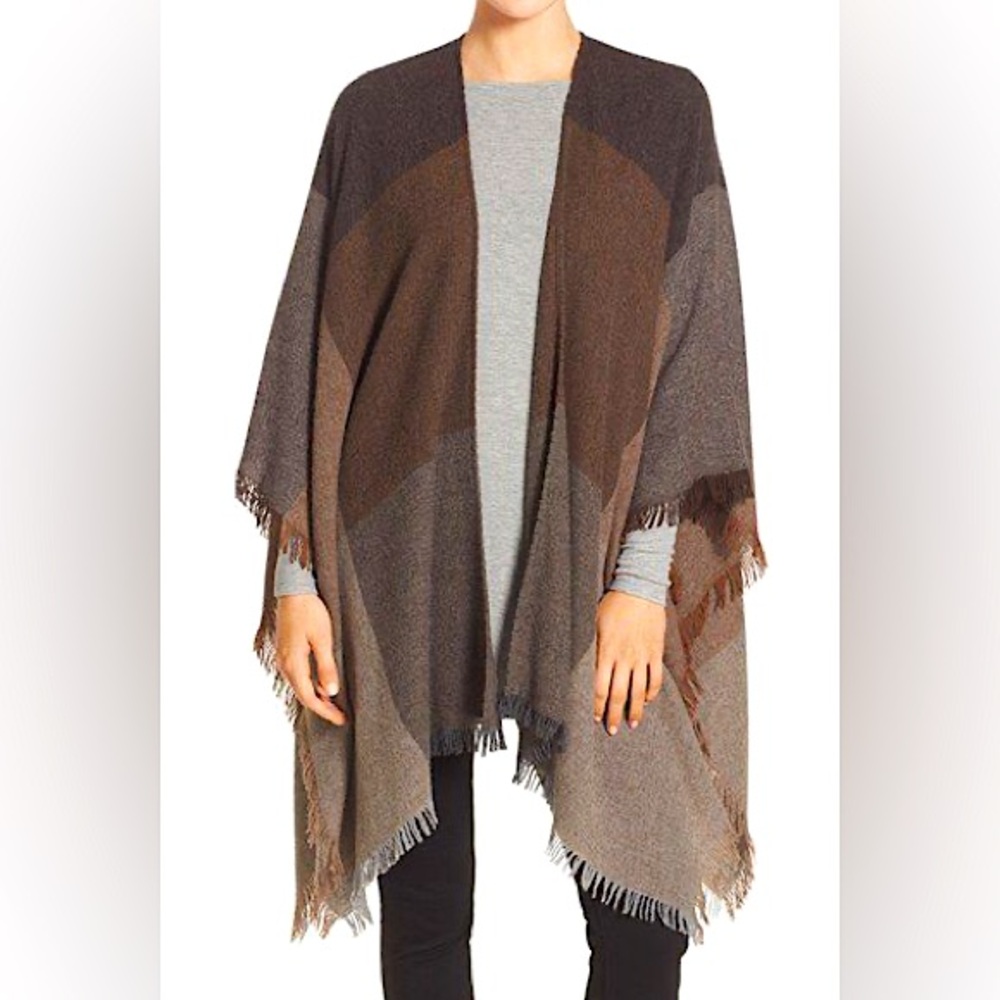 Eileen Fisher Viaggio Wool Blend Serape Wrap Open Front Cardigan Sweater Poncho